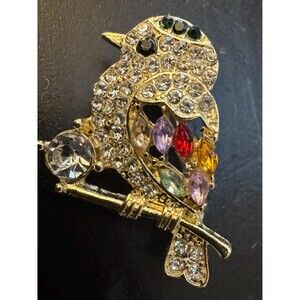 Vintage Song Bird Branch Nectar Wings Crystals Rhinestone Brooch Pin B69